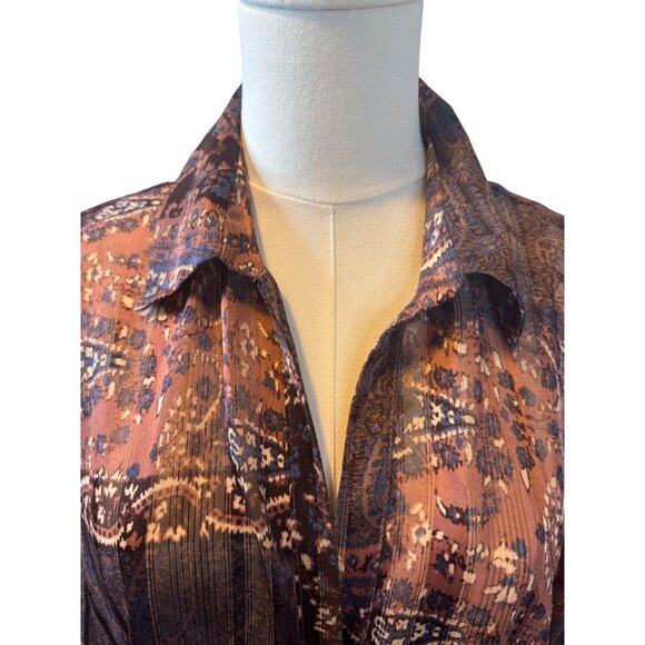 ZARA M Bohemian Brown Rust Blue Print Dolman Sleeve Button-Down Blouse - Picture 13 of 16